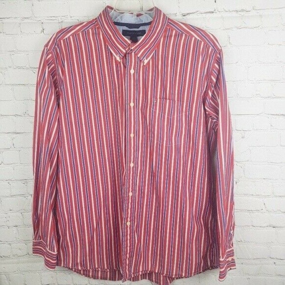 Tommy Hilfiger Striped Button Down Shirt Red Blue